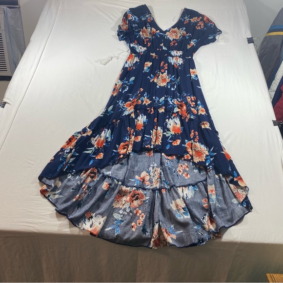 Kormei Dress Woman’s XL high low floral short sleeve 52” length smocked V neck - Picture 8 of 16